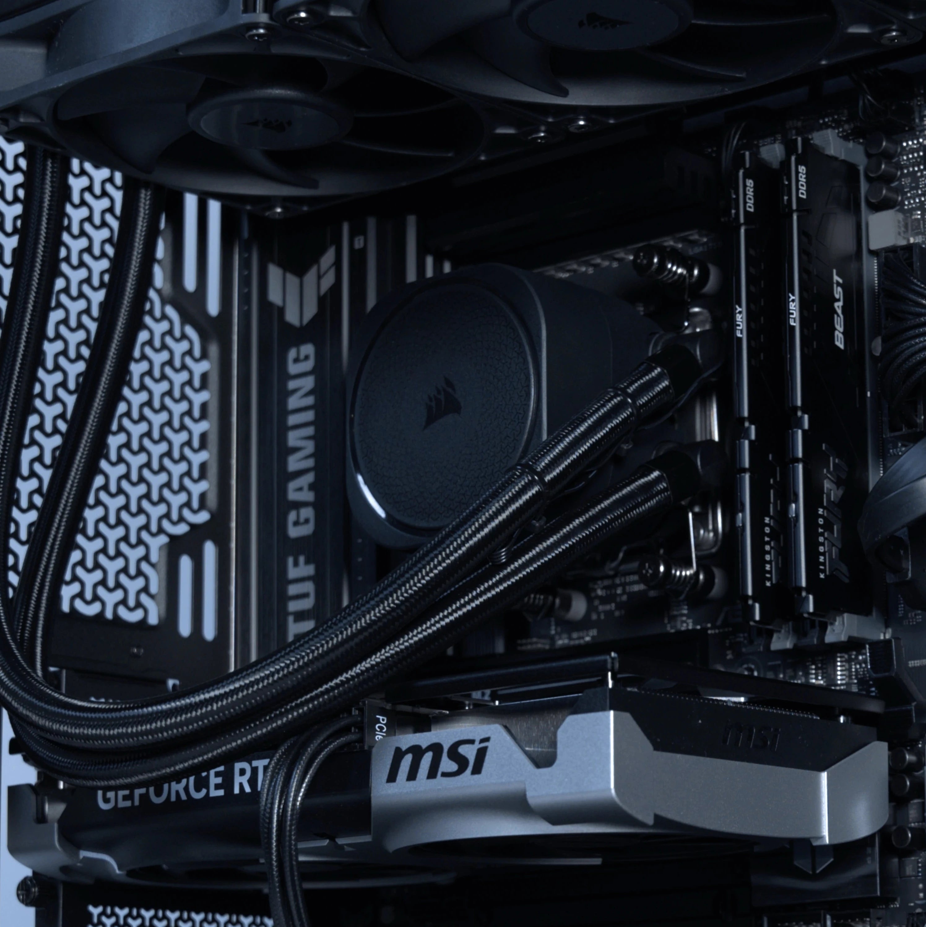 Close Up of a Blackout PC showcasing the RAM, Graphics Card and Cooler.