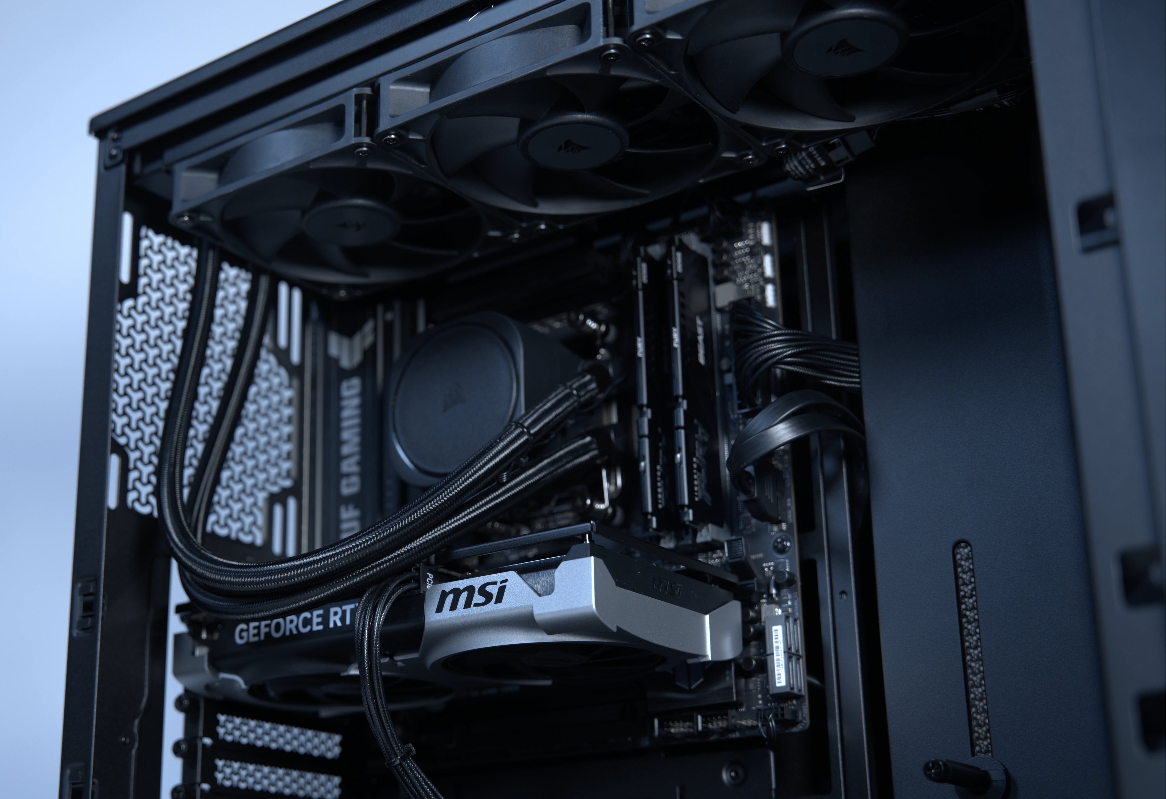 Close Up of a Blackout PC showcasing the RAM, Graphics Card and Cooler.