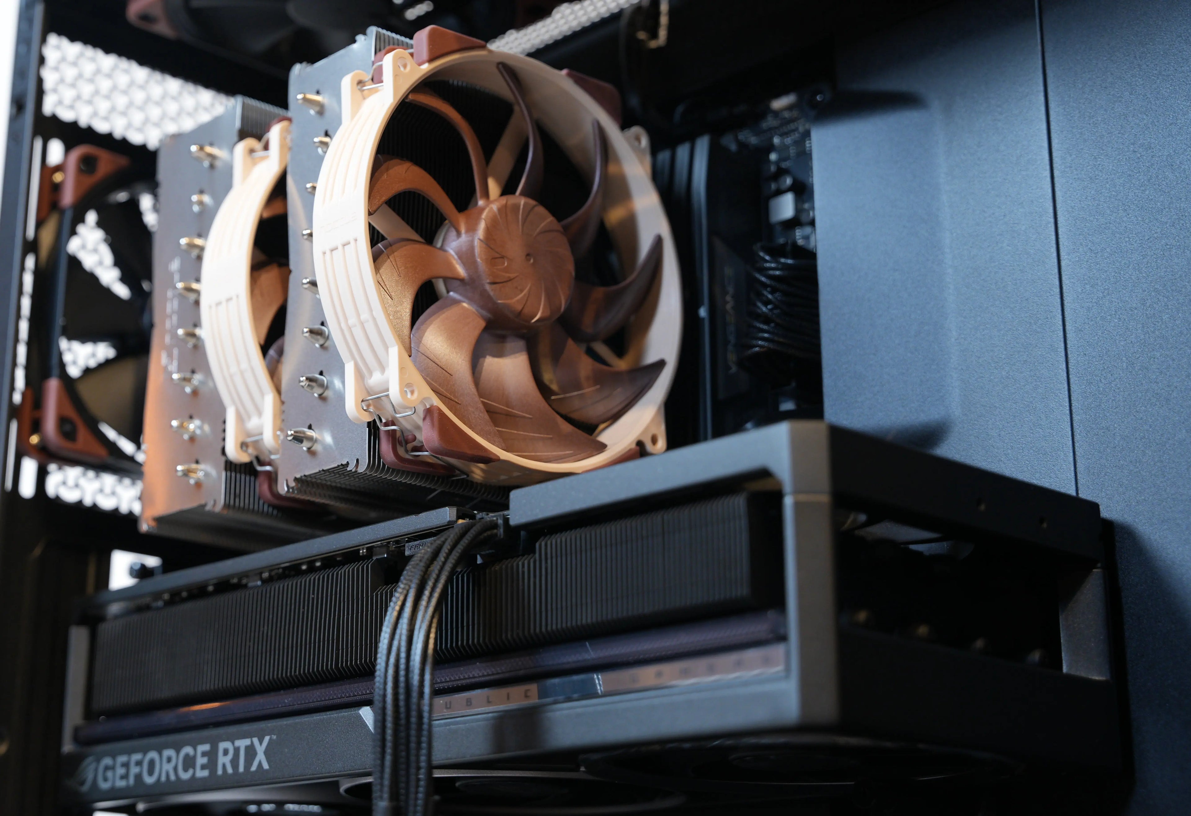 A Black Workstation Build Close Up showcasing a GPU and a Cooler in Montreal, Canada